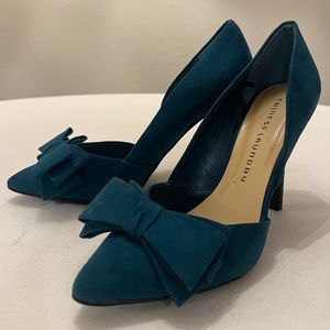 Chinese Laundry Bow Heels Stilettos Pumps sz 8.5 Teal Emerald Green Faux Suede